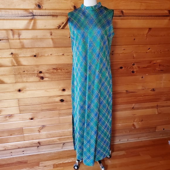 Vintage Dresses & Skirts - 1960s Unlabeled Green, Blue & Sparkly Maxi Gown